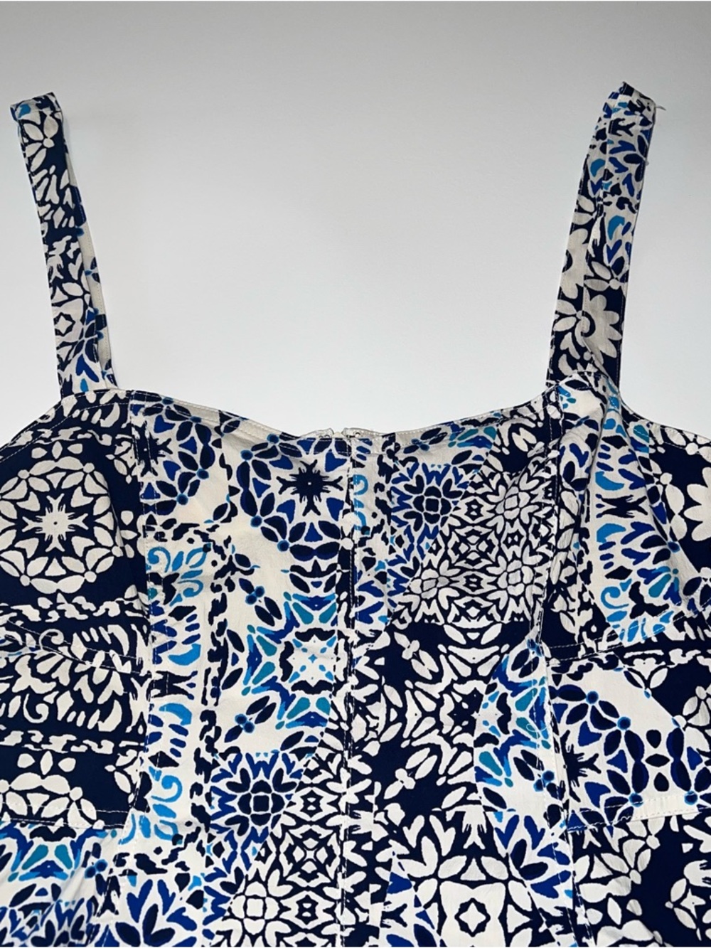 Avec Les Filles Blue and White Floral Sweetheart Neckline Mini Sun Dress Sz 14 - Picture 3 of 16